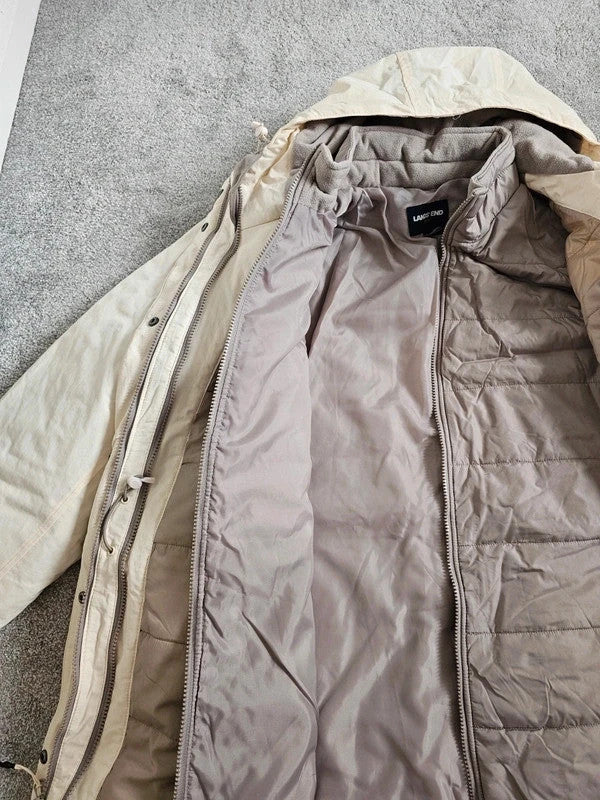 Lands'End Women's Squall Waterproof Insulated 3 in 1 Winter Parka Coat Long Jacket Hood Cream XL/14
