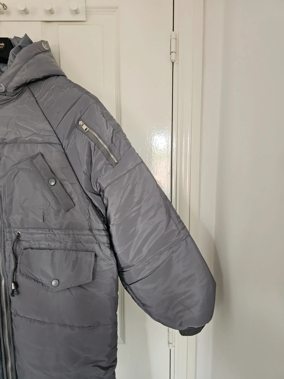 Generic women oversized puffer long jacket parka hooded zipper pockets warm casual grey L