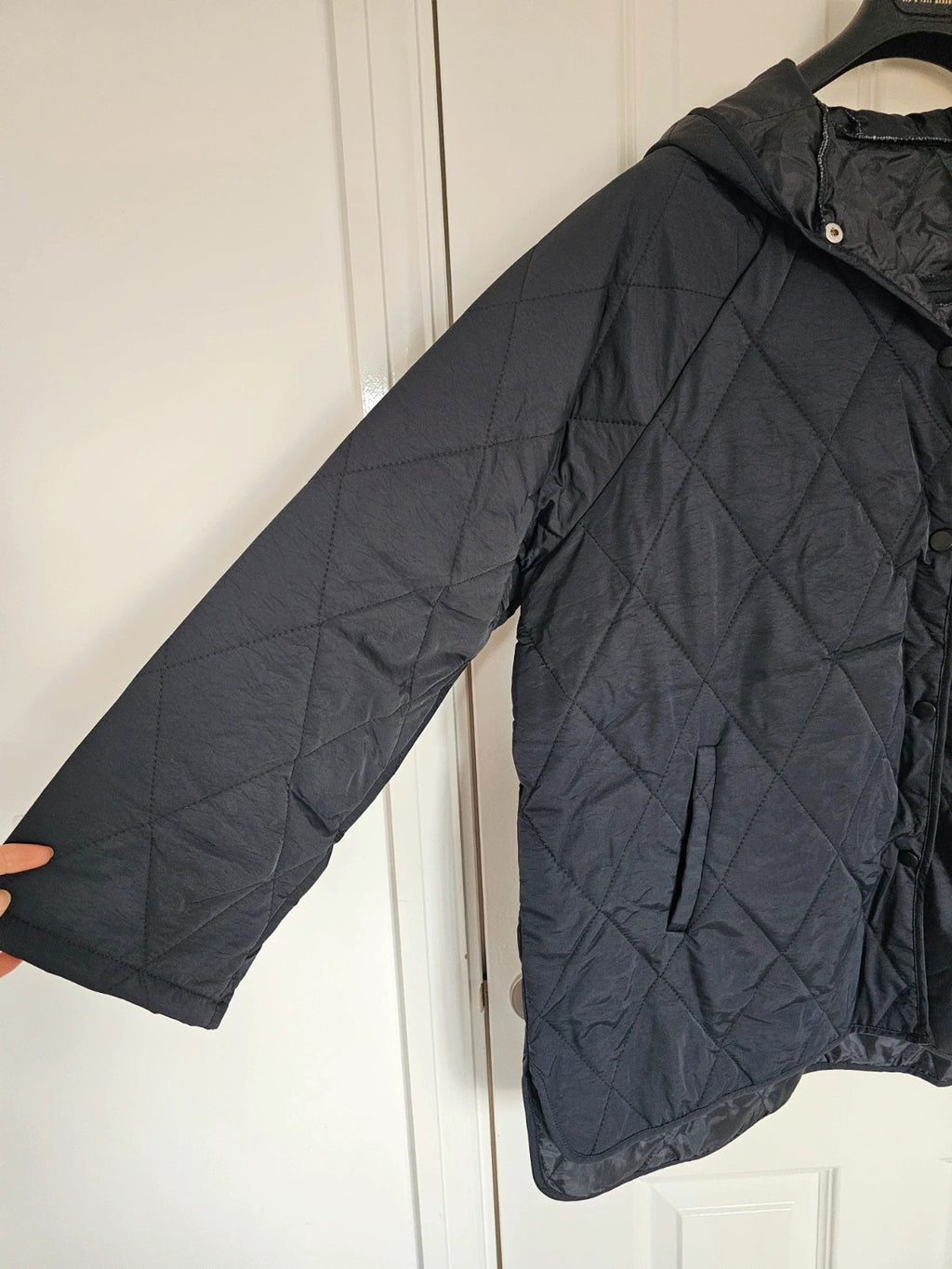 Generic women diamond quilted bomber jacket hooded buttons oversized black XL/14