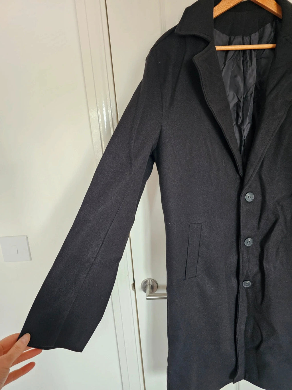 Generic men solid black long coat classic fit overcoat buttons collar neck casual M