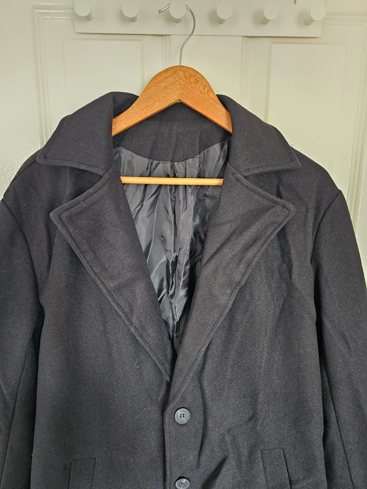 Generic men solid black long coat classic fit overcoat buttons collar neck casual M