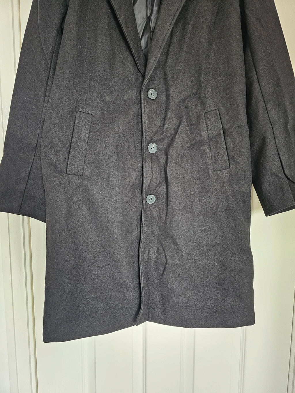 Generic men solid black long coat classic fit overcoat buttons collar neck casual M