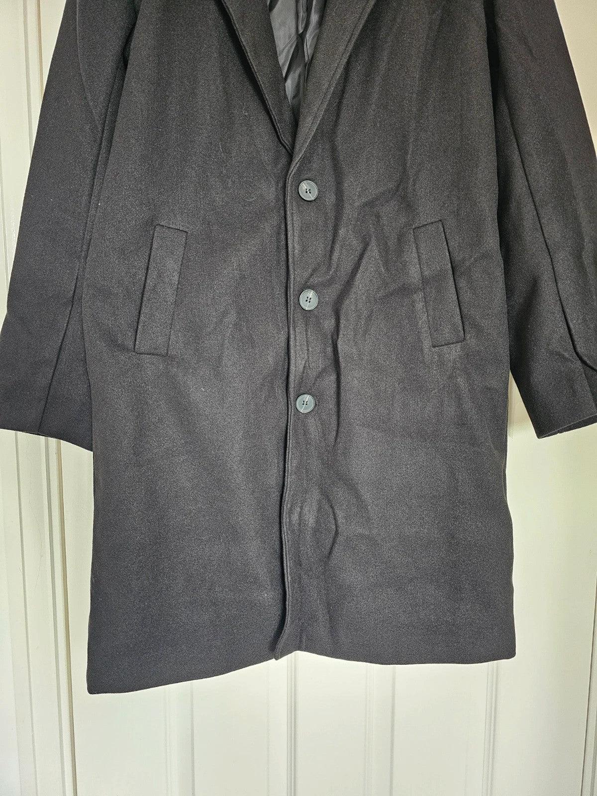 Generic men solid black long coat classic fit overcoat buttons collar neck casual M