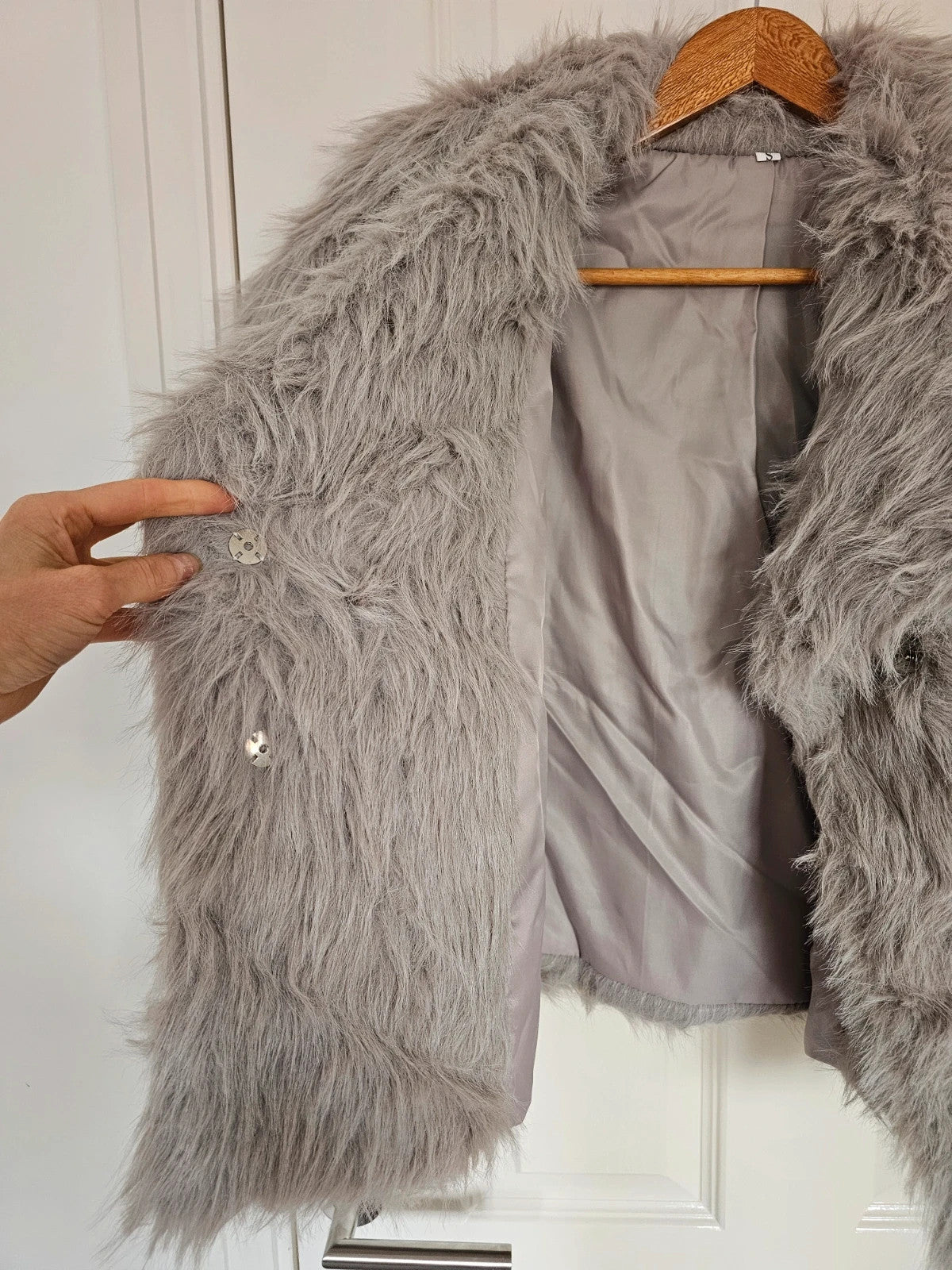 Shein women thick faux fur coat cropped jacket buttons pocket Y2K grey S/8
