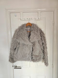 Shein women thick faux fur coat cropped jacket buttons pocket Y2K grey S/8