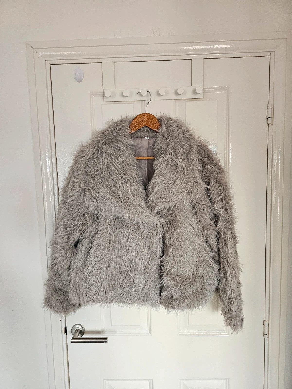 Shein women thick faux fur coat cropped jacket buttons pocket Y2K grey S/8
