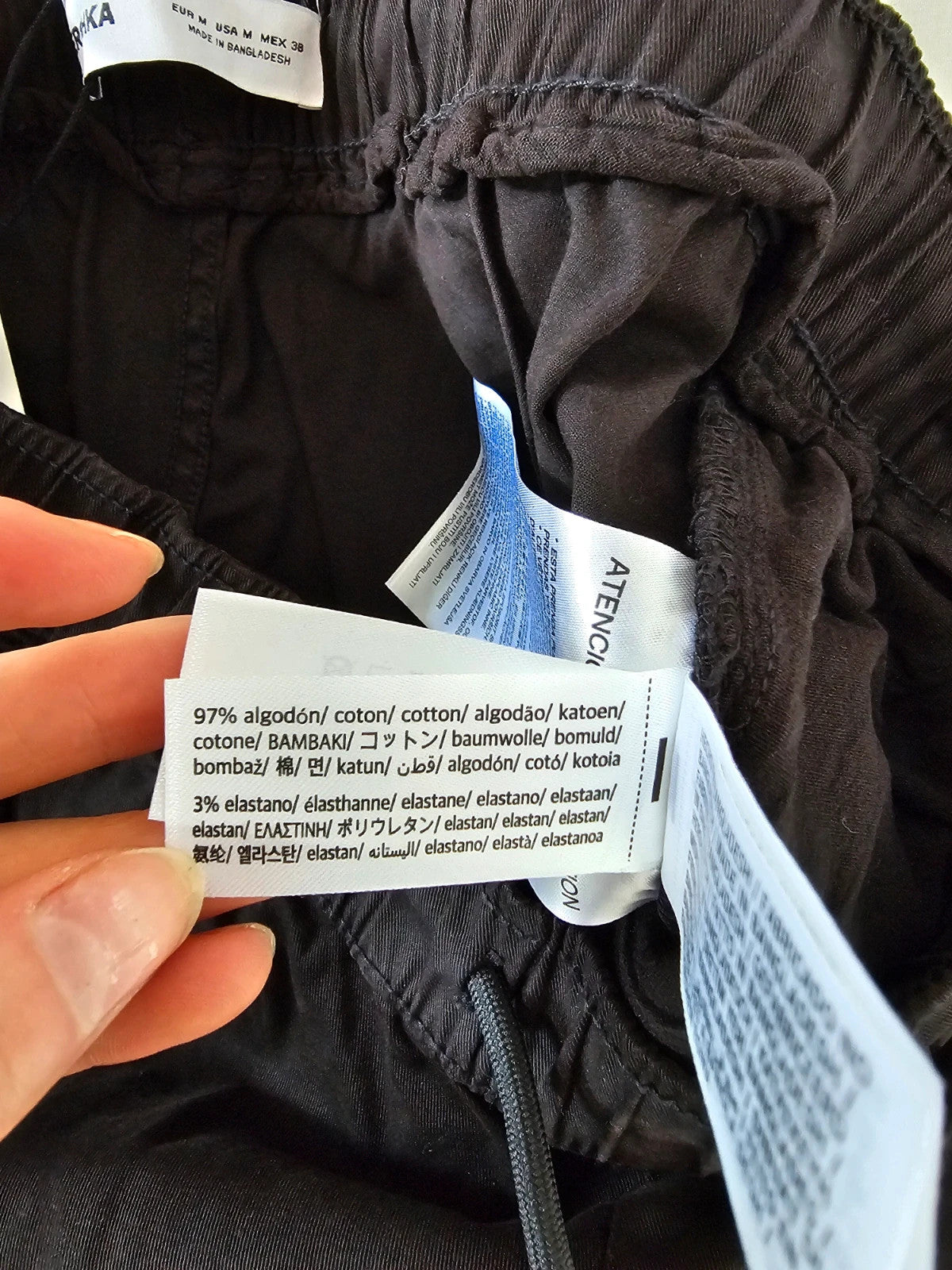Bershka men slim fit cargo joggers elastic waist drawsting cotton casual trousers pockets black M