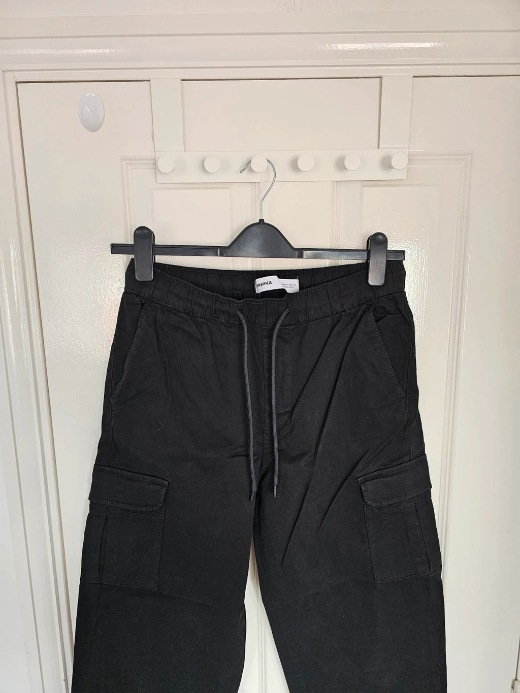 Bershka men slim fit cargo joggers elastic waist drawsting cotton casual trousers pockets black M