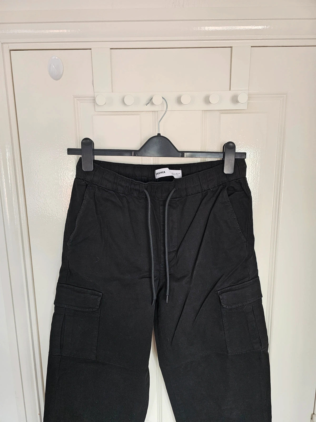 Bershka men slim fit cargo joggers elastic waist drawsting cotton casual trousers pockets black M