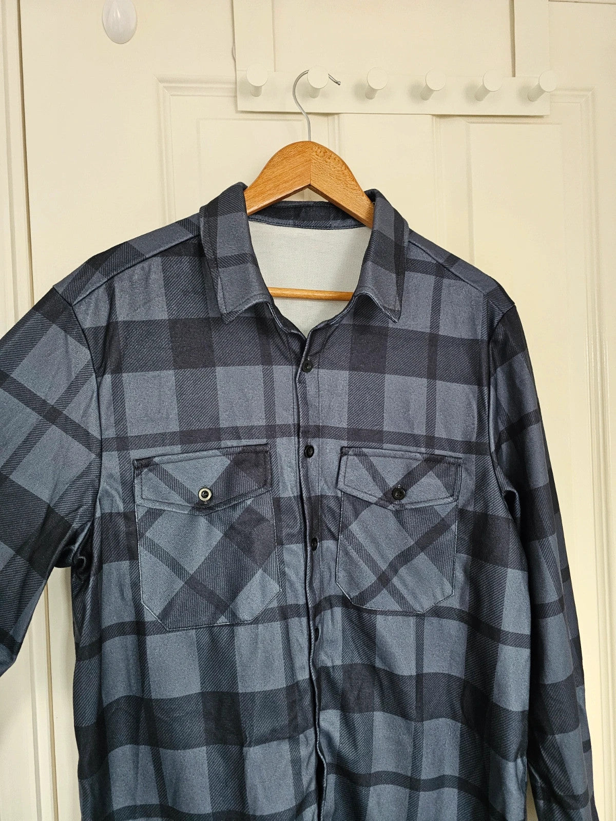 Shein women flannel long sleeve shirt checked army buttons collar neck shacket navy/black M/UK10