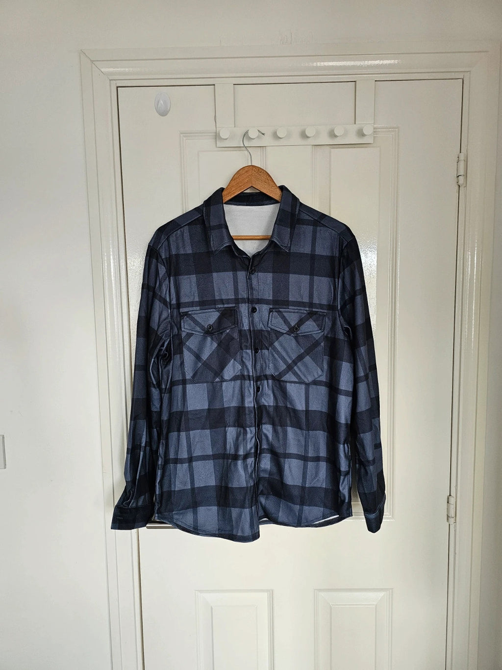 Shein women flannel long sleeve shirt checked army buttons collar neck shacket navy/black M/UK10