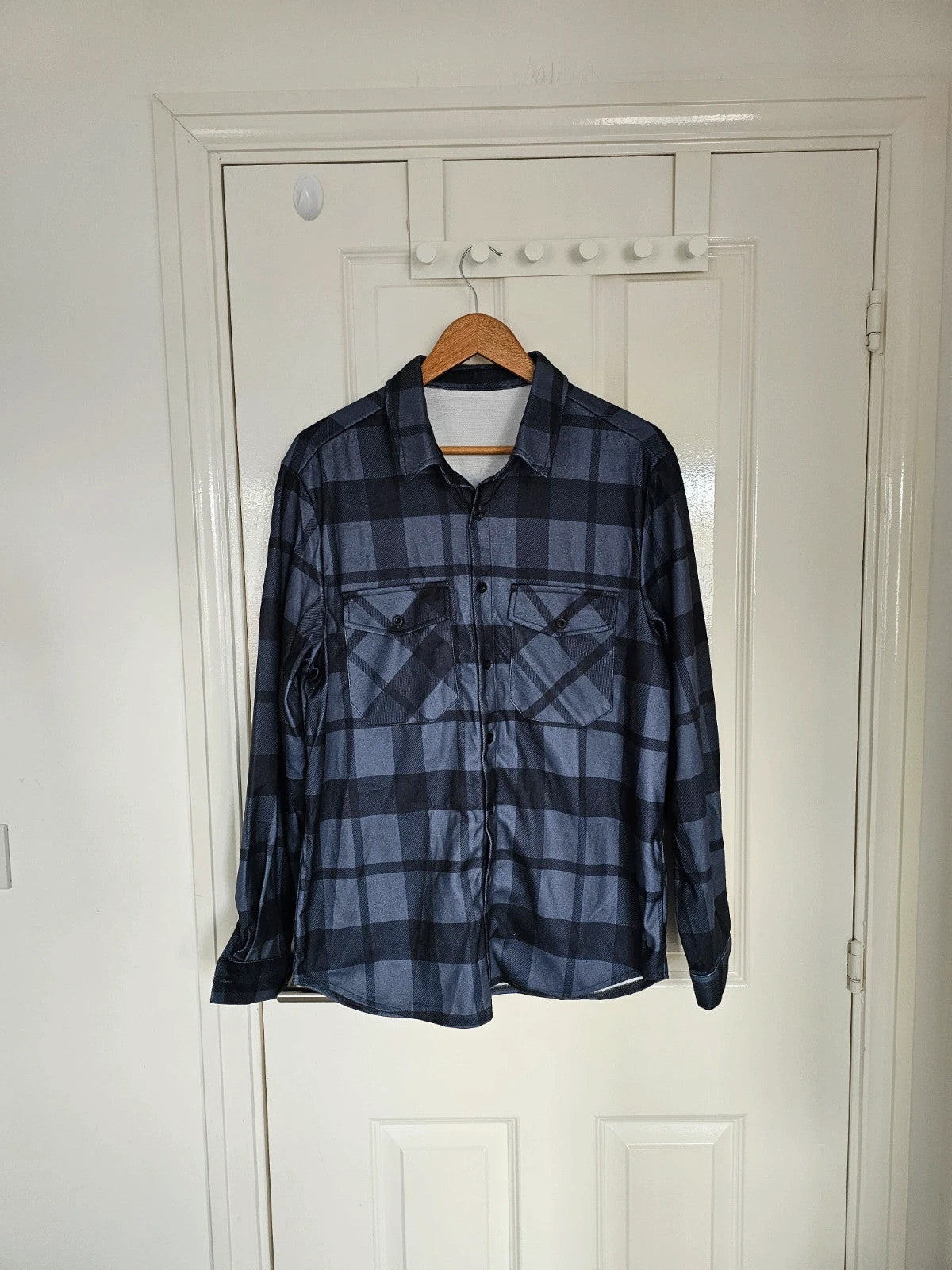 Shein women flannel long sleeve shirt checked army buttons collar neck shacket navy/black M/UK10