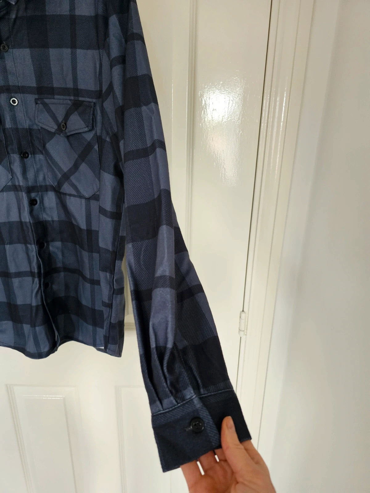 Shein women flannel long sleeve shirt checked army buttons collar neck shacket navy/black M/UK10