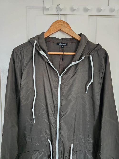 Boohoo women longline hooded festival mac jacket parka drawsting zip-up raincoat outdoor khaki L/12