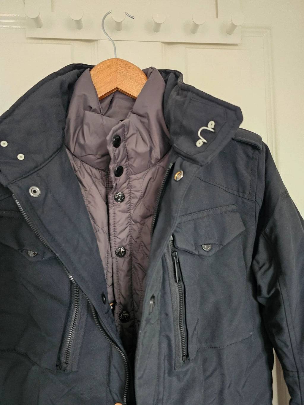 Schott NYC men field jacket hooded mid length zipper military parka slim black S