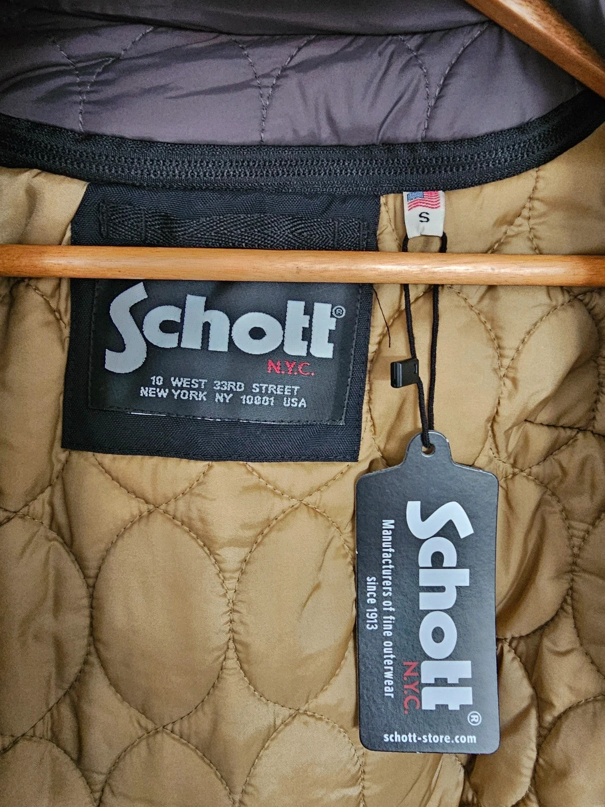 Schott NYC men field jacket hooded mid length zipper military parka slim black S