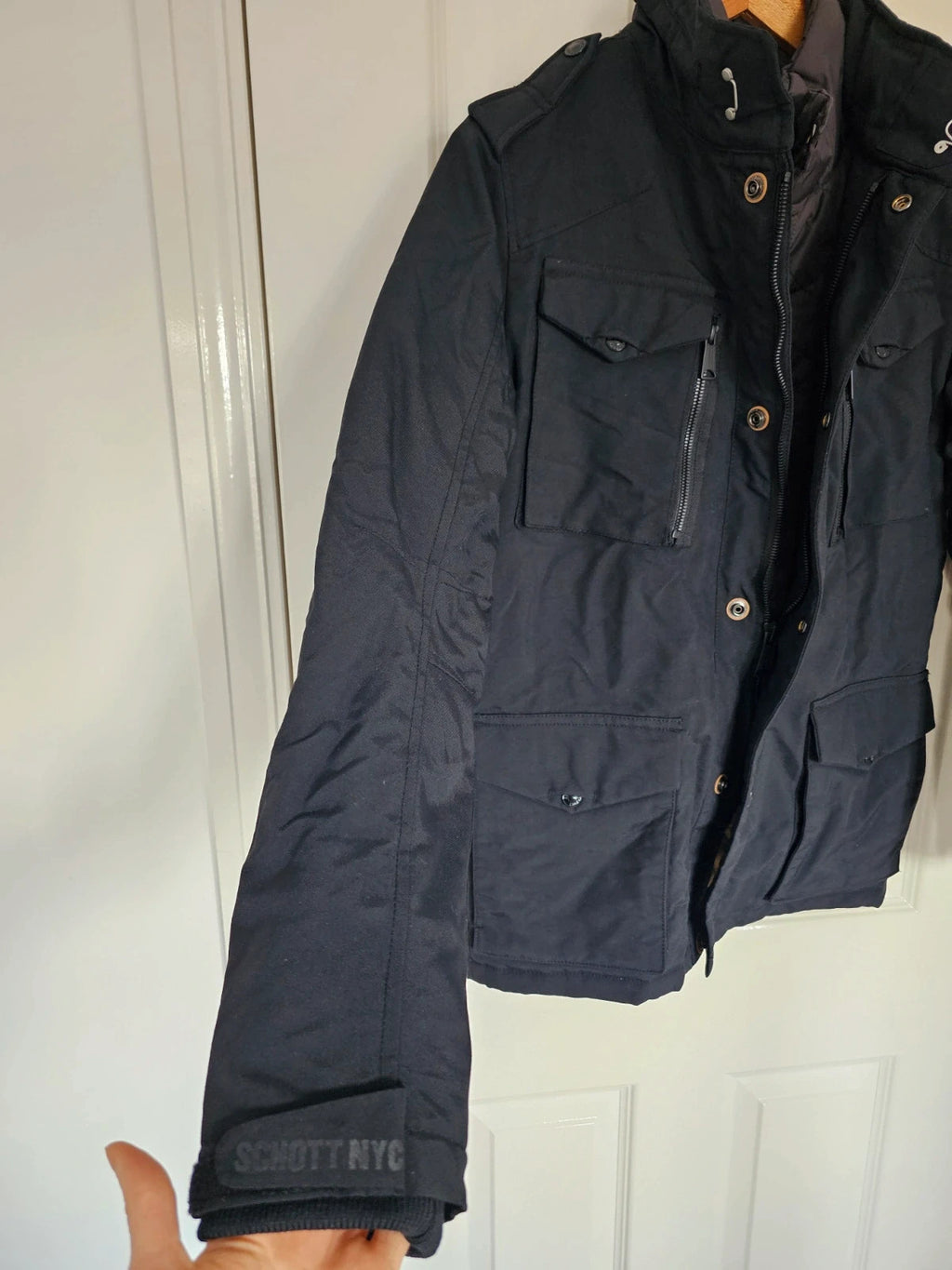 Schott NYC men field jacket hooded mid length zipper military parka slim black S