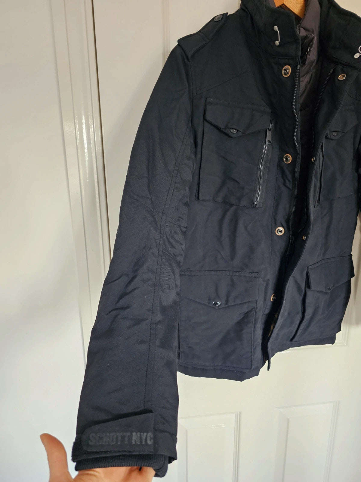 Schott NYC men field jacket hooded mid length zipper military parka slim black S