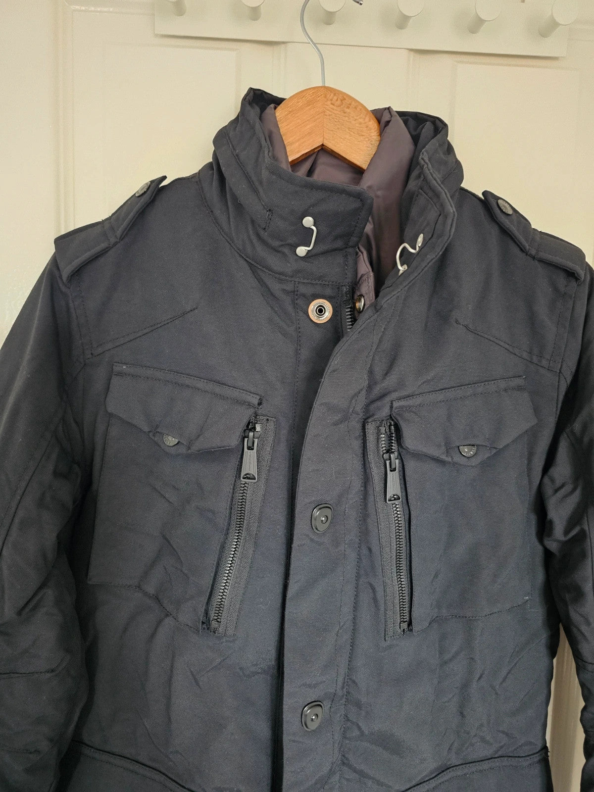 Schott NYC men field jacket hooded mid length zipper military parka slim black S