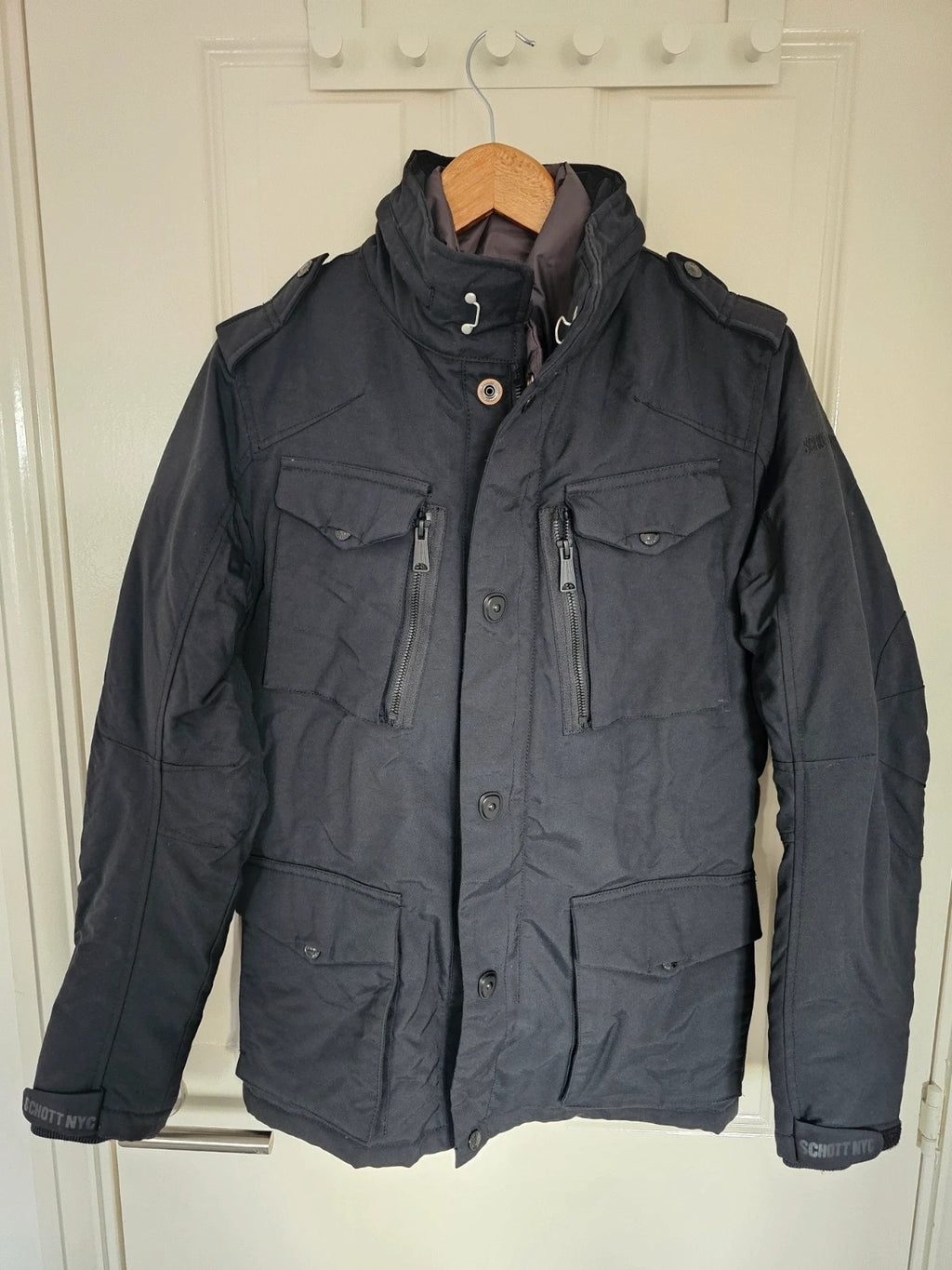 Schott NYC men field jacket hooded mid length zipper military parka slim black S