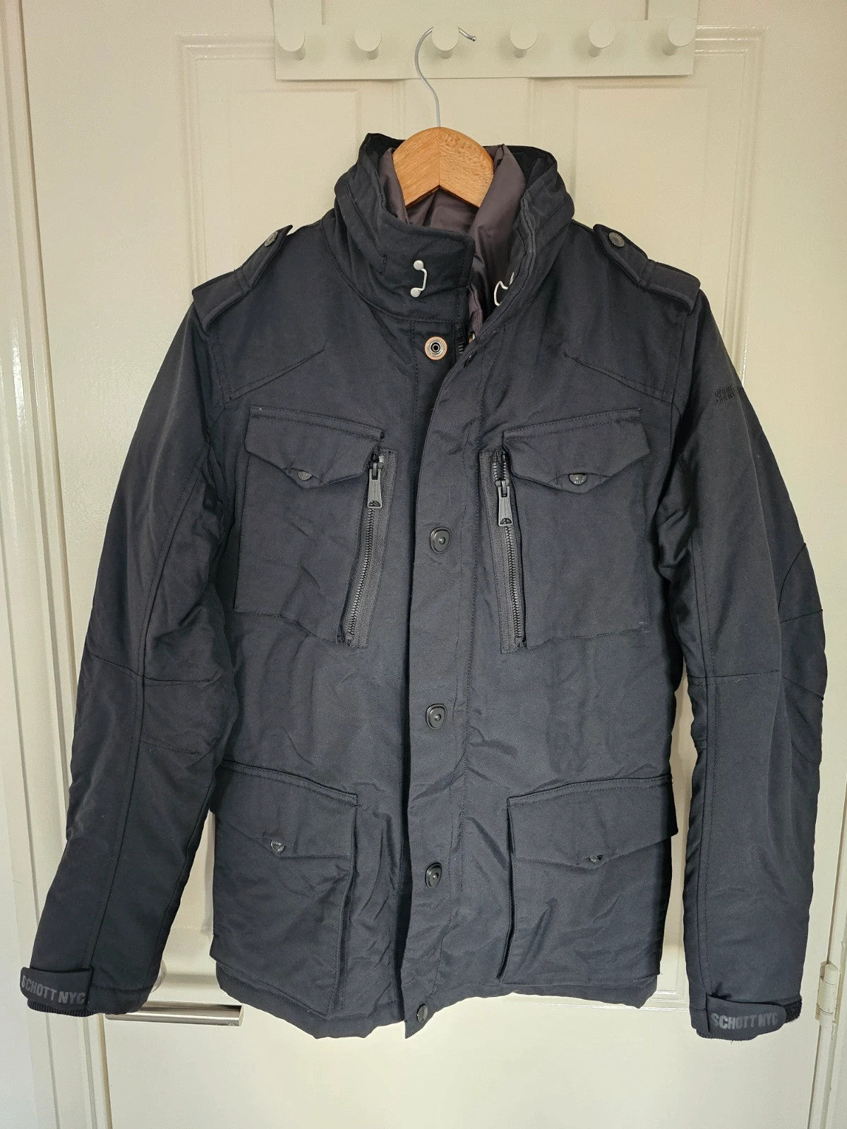 Schott NYC men field jacket hooded mid length zipper military parka slim black S
