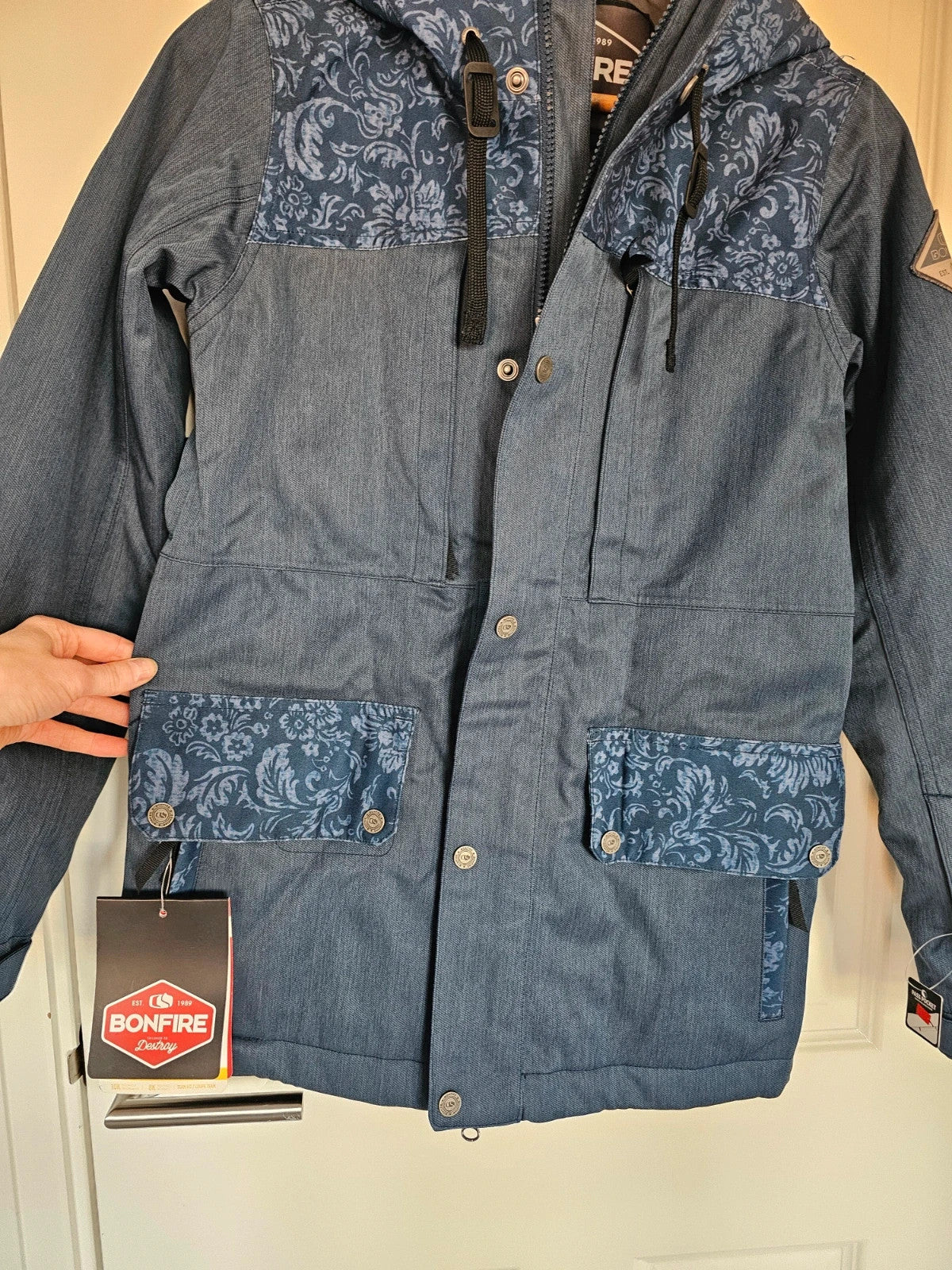 Bonfire women Essence Ski Jacket snowboard mountain denim twill parka hooded blue/navy S