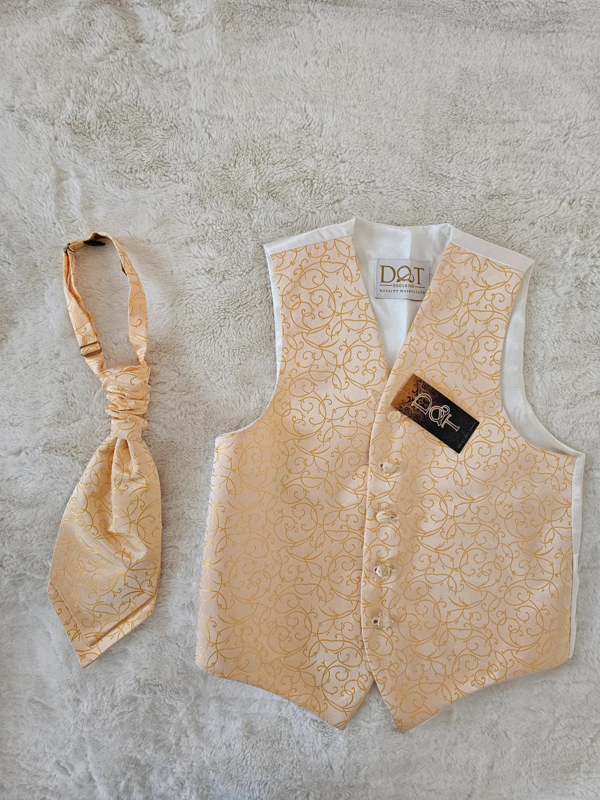 DQT boys 9/10y woven swirl pattern waistcoat & cravat set 2pcs weeding formal gold