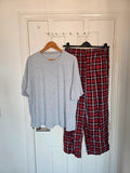 Dazy men plaid pyjamas set plain short sleeve T-shirt pants lounge nightwear cotton mix red/grey XL