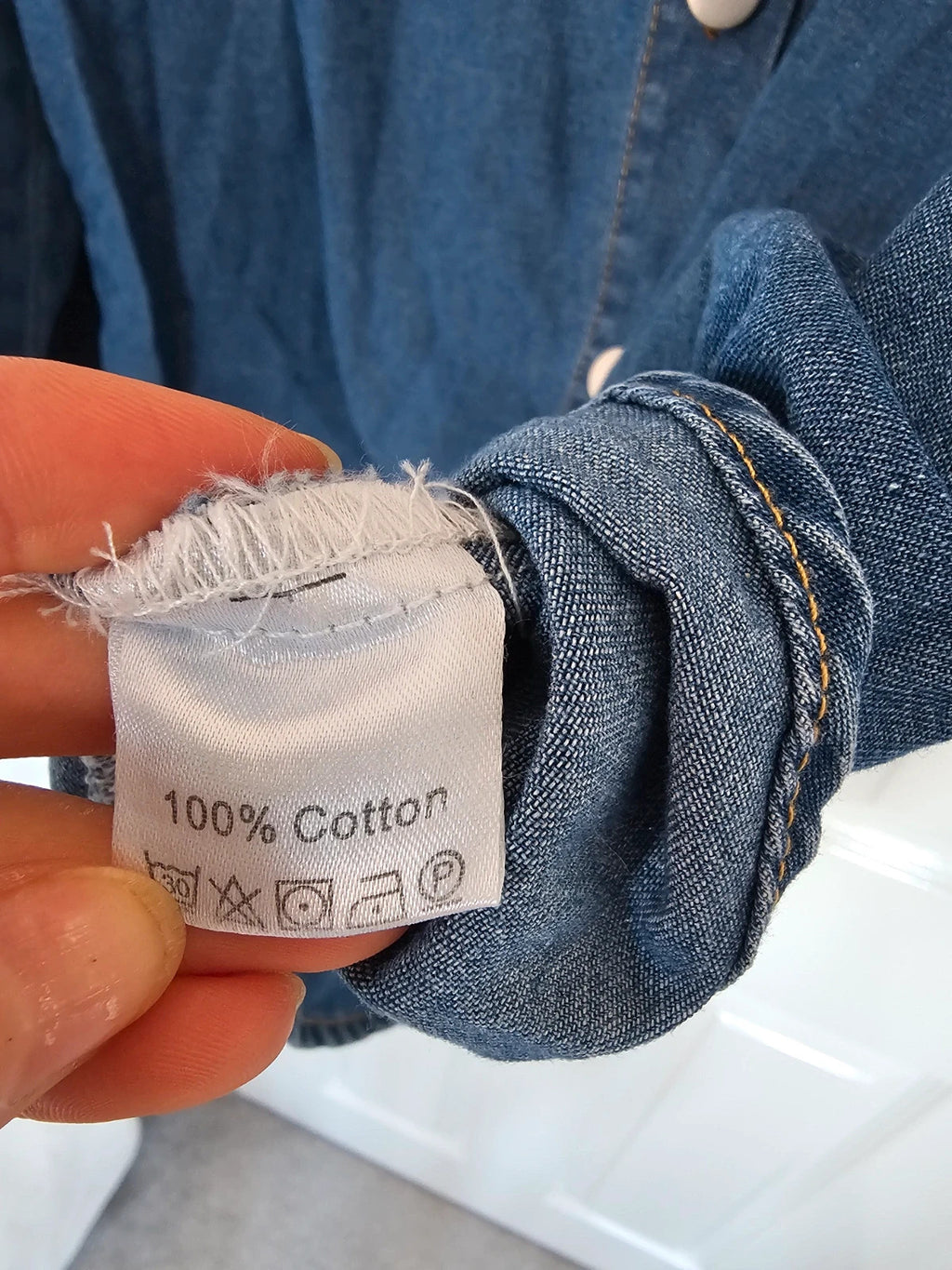 Generic women denim shirt long sleeve cotton patched pockets buttons collar neck blue M/10