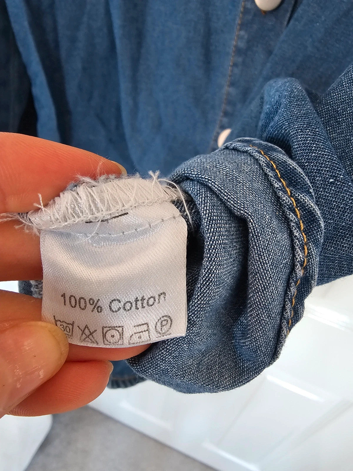 Generic women denim shirt long sleeve cotton patched pockets buttons collar neck blue M/10