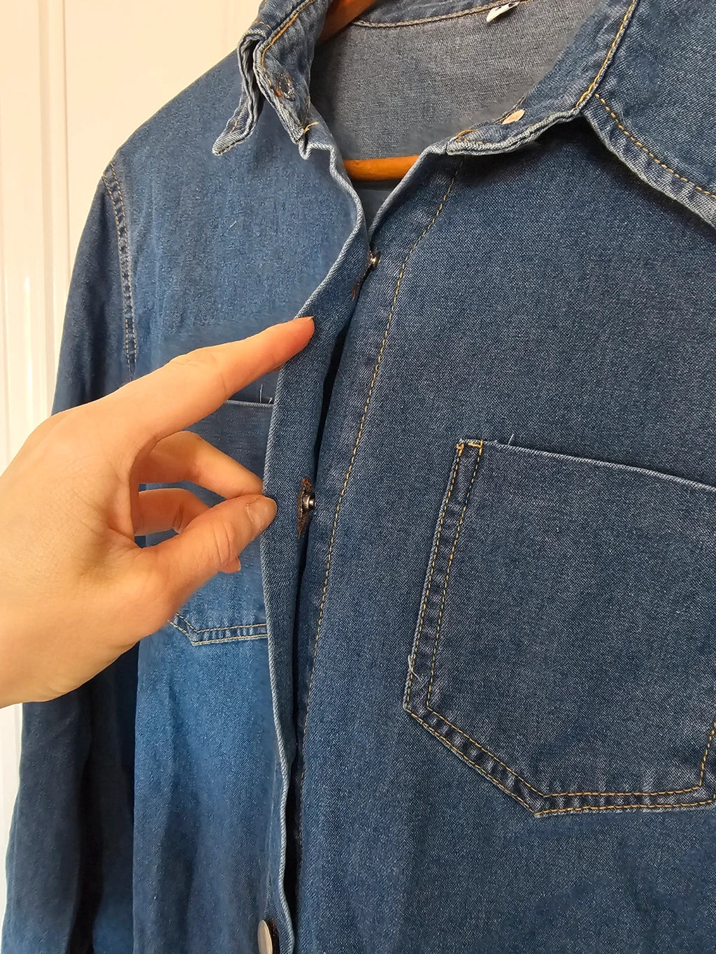Generic women denim shirt long sleeve cotton patched pockets buttons collar neck blue M/10
