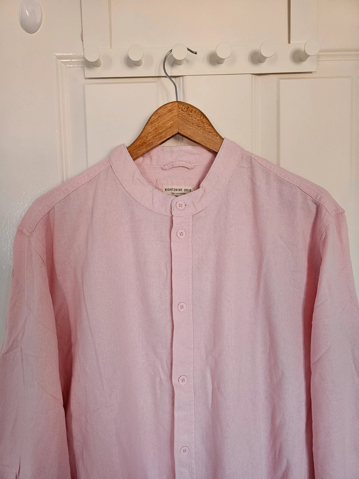 Eight2nine men banded collar neck shirt linien blend long sleeve buttons light pink casual formal XL