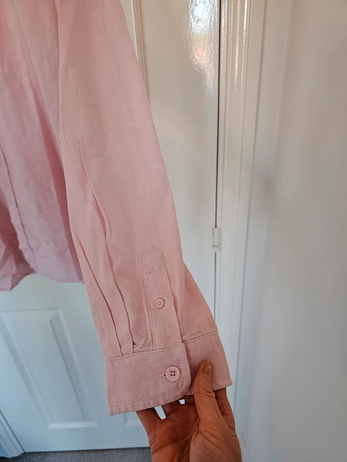 Eight2nine men banded collar neck shirt linien blend long sleeve buttons light pink casual formal XL