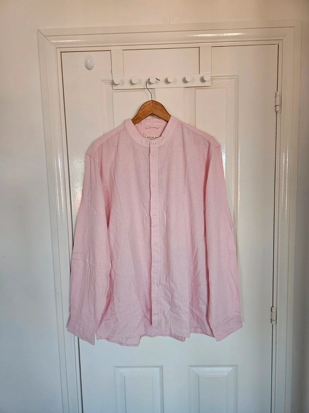 Eight2nine men banded collar neck shirt linien blend long sleeve buttons light pink casual formal XL