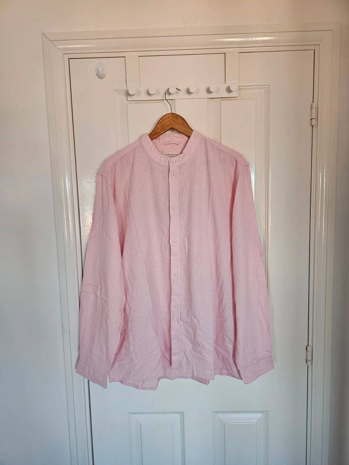 Eight2nine men banded collar neck shirt linien blend long sleeve buttons light pink casual formal XL