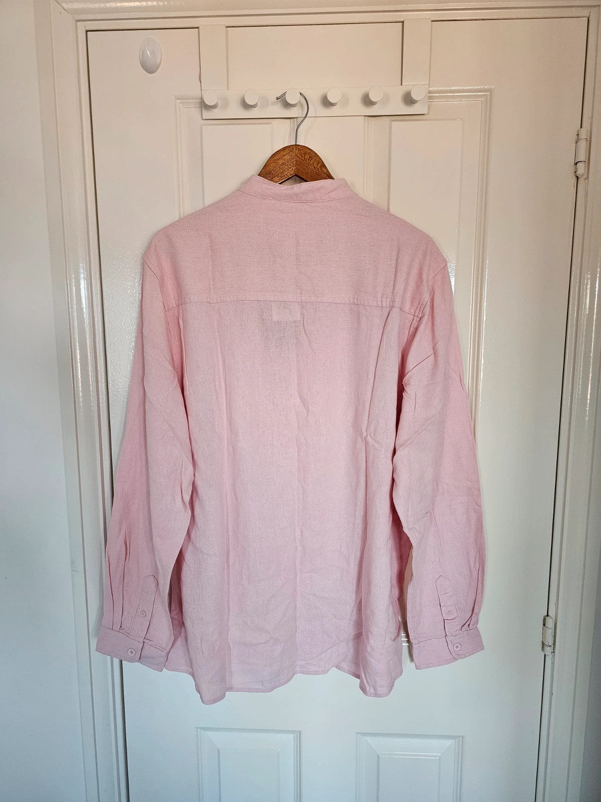 Eight2nine men banded collar neck shirt linien blend long sleeve buttons light pink casual formal XL