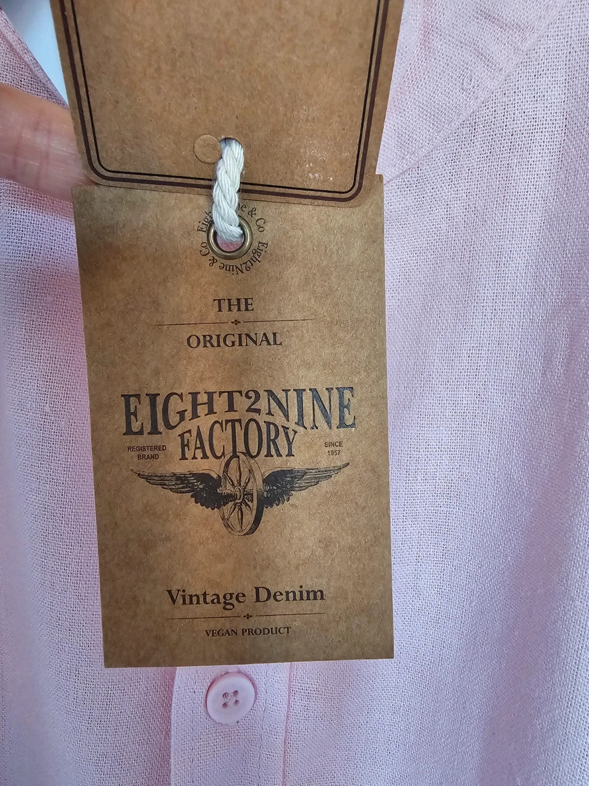 Eight2nine men banded collar neck shirt linien blend long sleeve buttons light pink casual formal XL