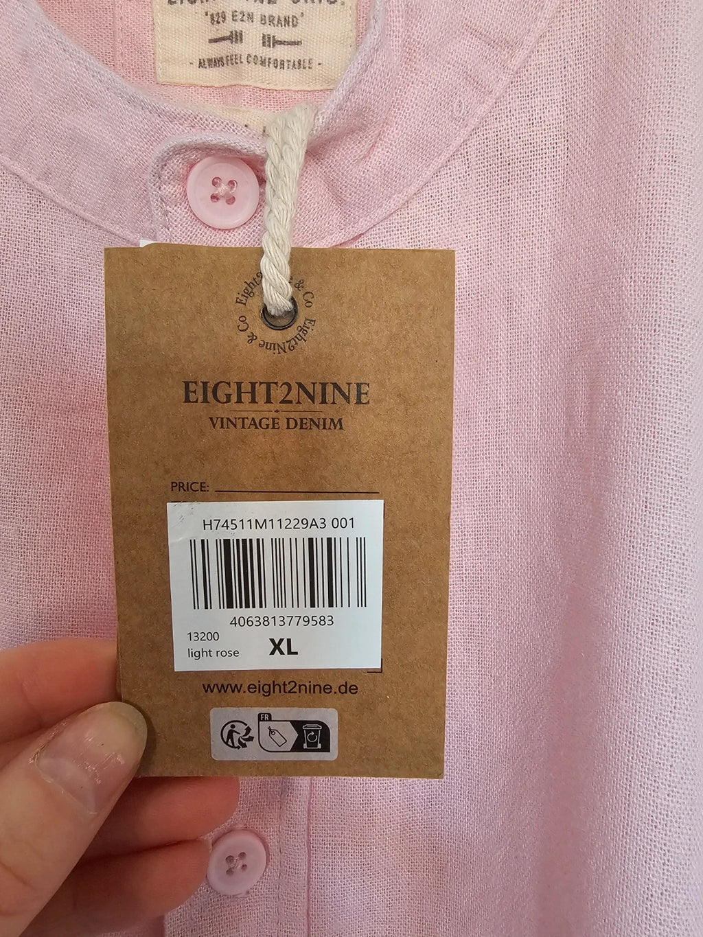 Eight2nine men banded collar neck shirt linien blend long sleeve buttons light pink casual formal XL