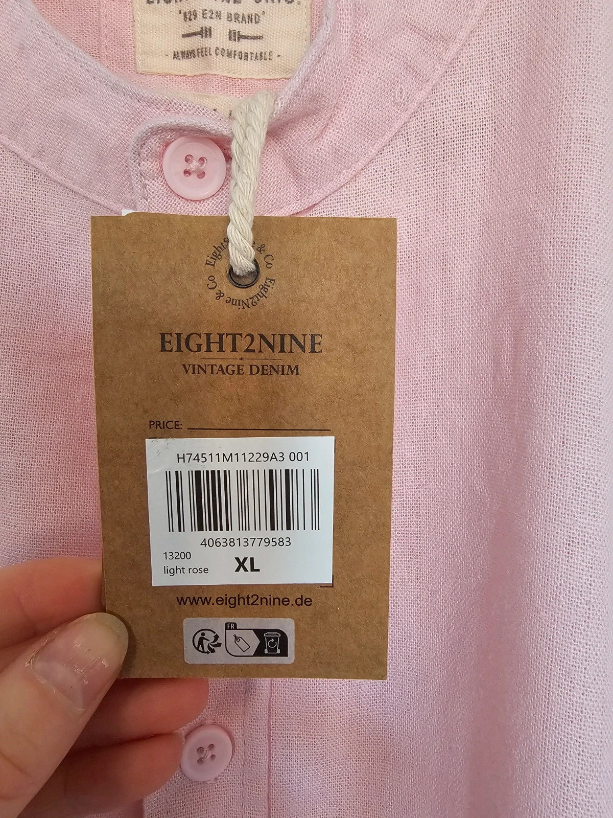 Eight2nine men banded collar neck shirt linien blend long sleeve buttons light pink casual formal XL