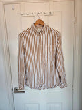 H&M men stripes long sleeve shirt chest pocket button down regular cotton brown/white S