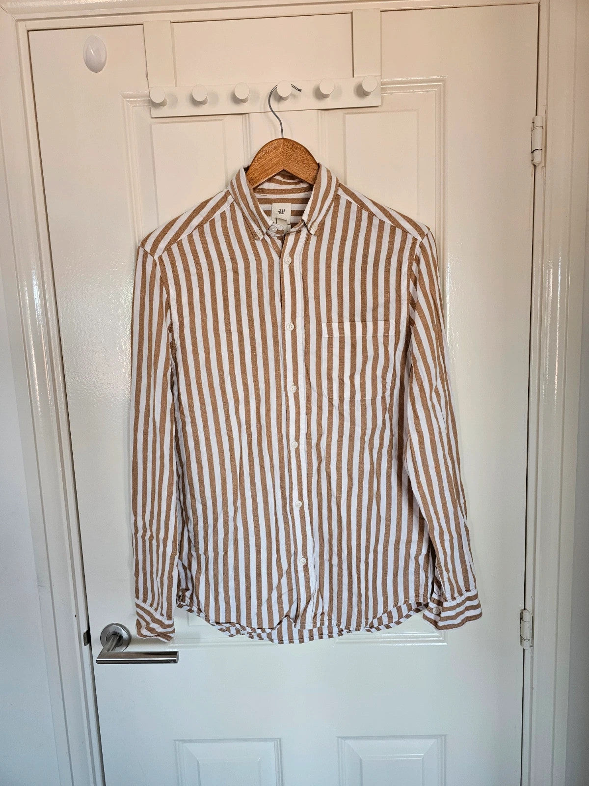 H&M men stripes long sleeve shirt chest pocket button down regular cotton brown/white S