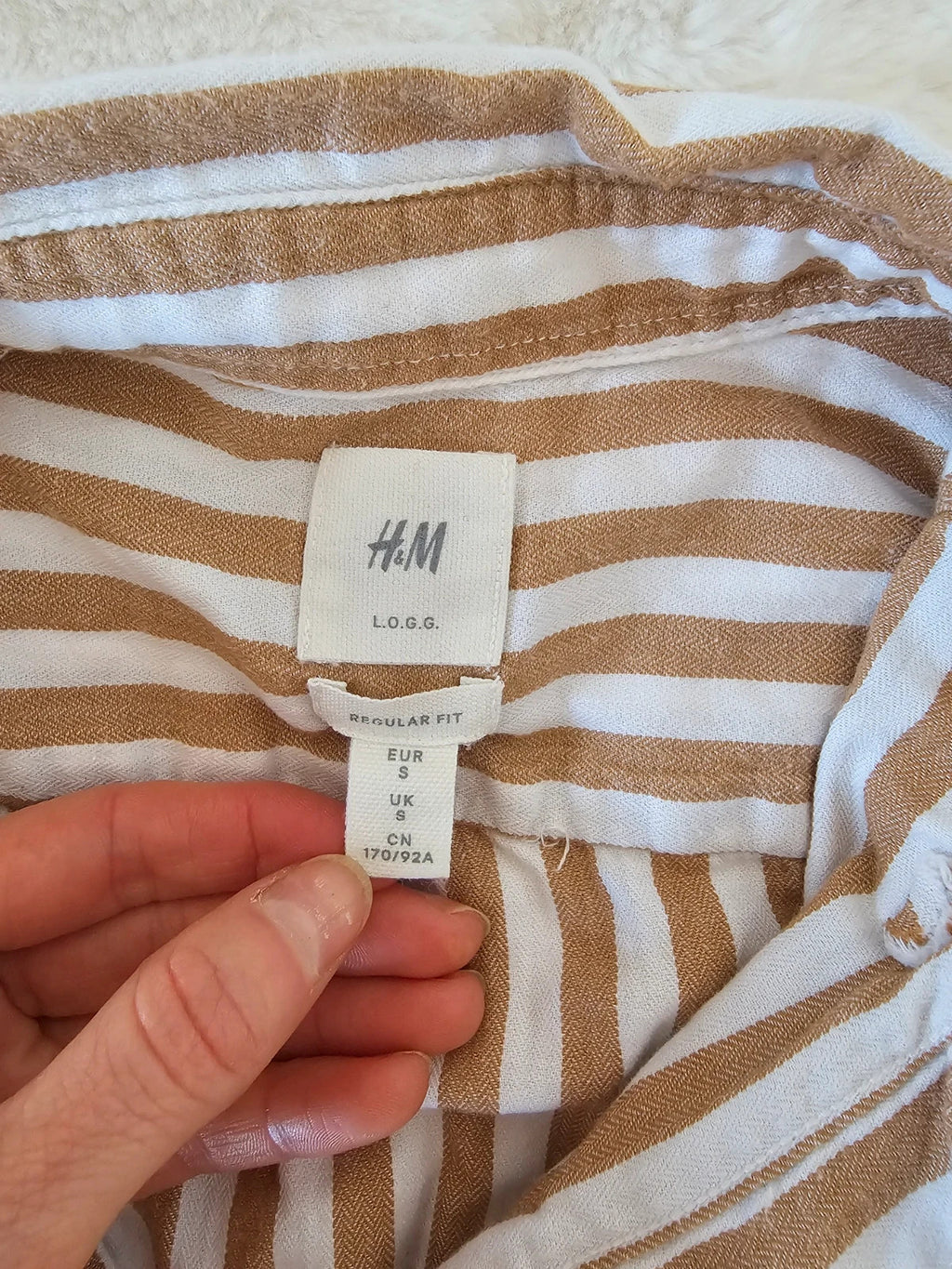 H&M men stripes long sleeve shirt chest pocket button down regular cotton brown/white S