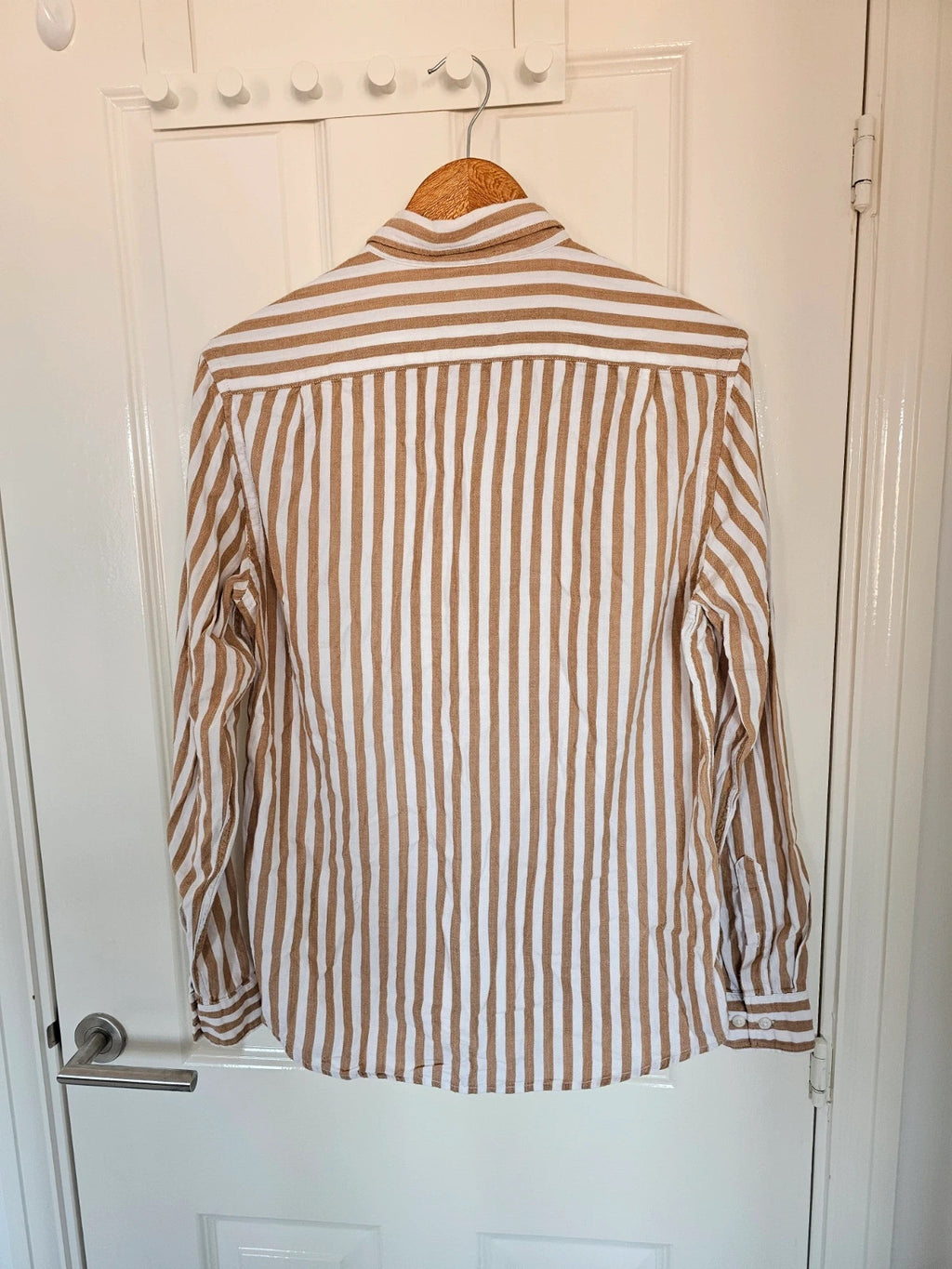 H&M men stripes long sleeve shirt chest pocket button down regular cotton brown/white S