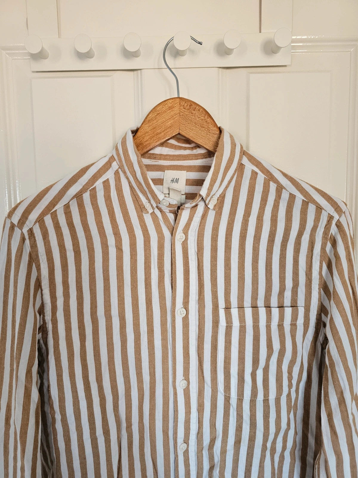 H&M men stripes long sleeve shirt chest pocket button down regular cotton brown/white S