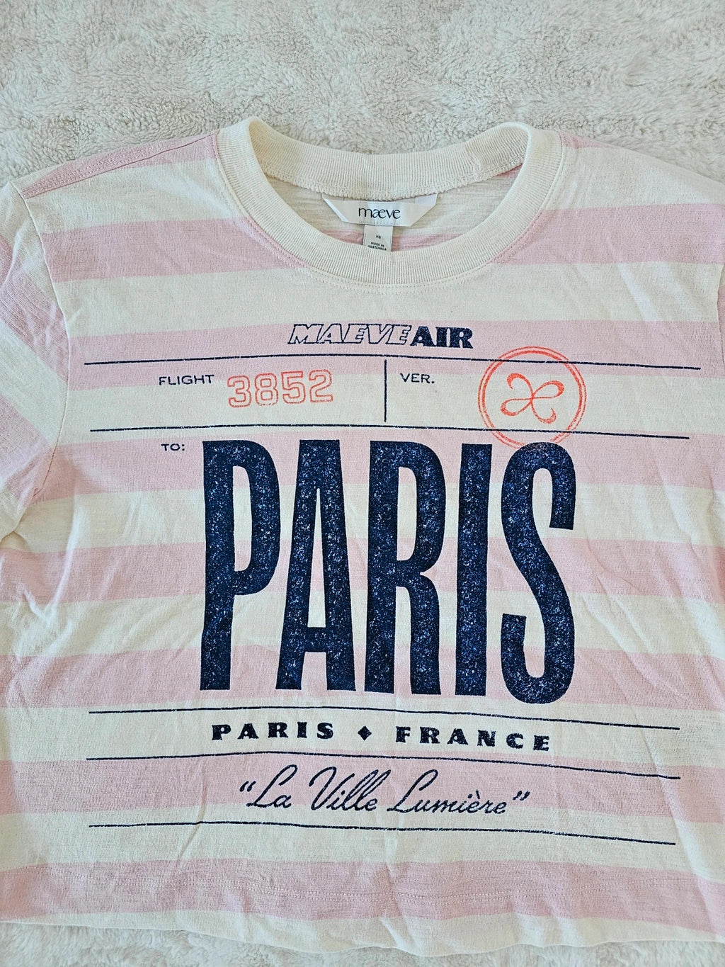 Maeve Women Cory Short-Sleeve Graphic T-Shirt Stripes Paris Logo Cotton Pink/White XS/6