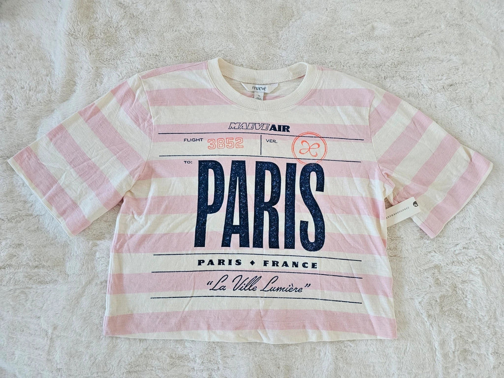 Maeve Women Cory Short-Sleeve Graphic T-Shirt Stripes Paris Logo Cotton Pink/White XS/6