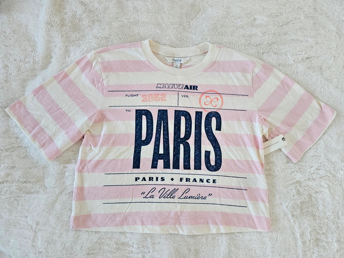Maeve Women Cory Short-Sleeve Graphic T-Shirt Stripes Paris Logo Cotton Pink/White XS/6