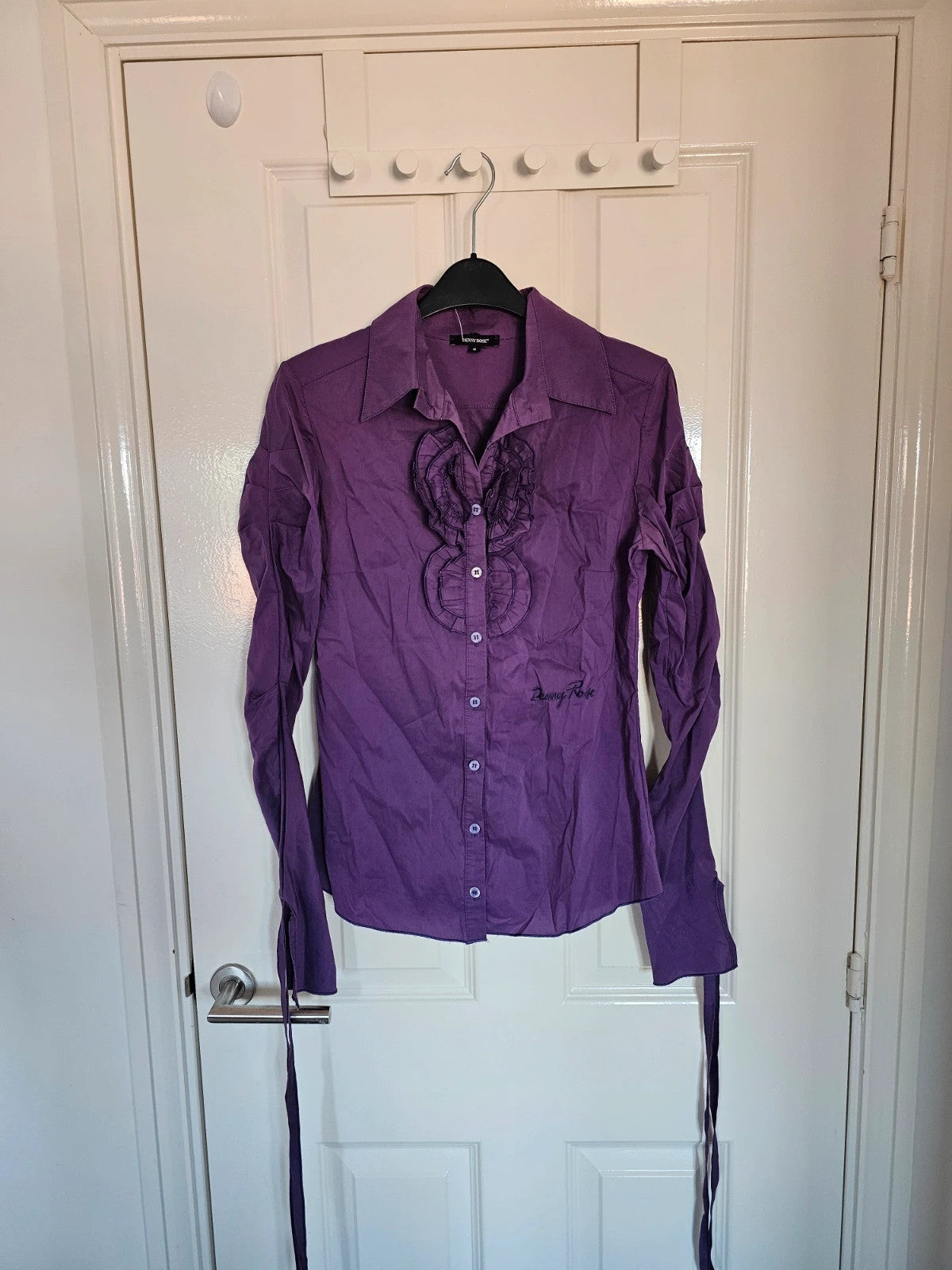 Denny Rose women ruffles front blouse frill long sleeve buttons slim shirt cotton blend purple S/8