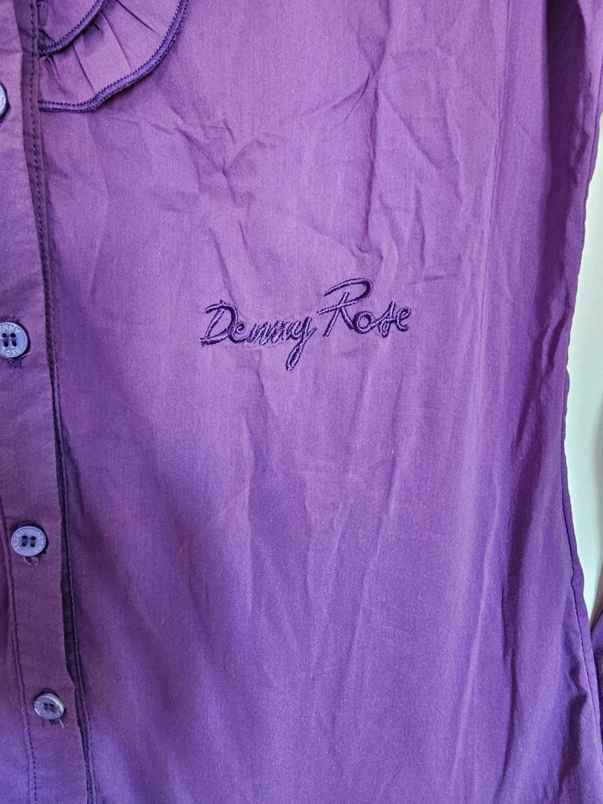 Denny Rose women ruffles front blouse frill long sleeve buttons slim shirt cotton blend purple S/8