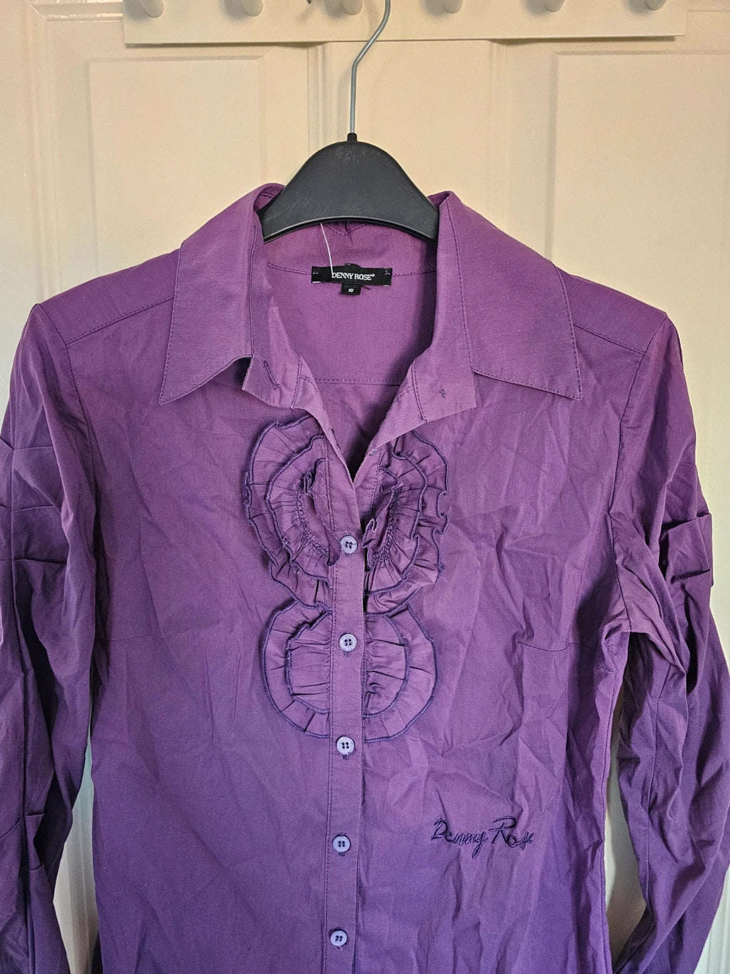 Denny Rose women ruffles front blouse frill long sleeve buttons slim shirt cotton blend purple S/8